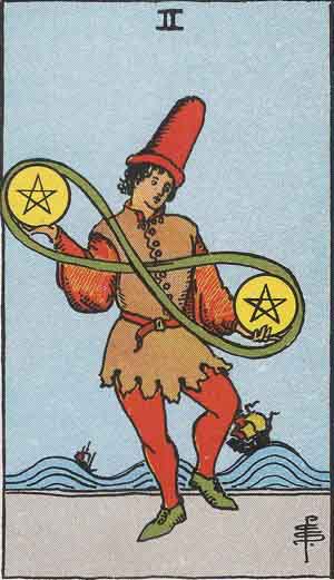 Two of Pentacles tarot card from the Path of Light deck