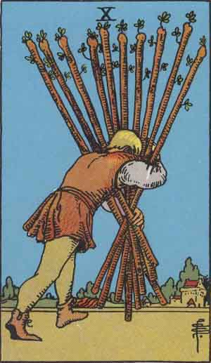 Ten of Wands tarot card from the Path of Light deck